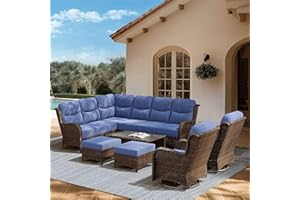 NUSBAY High Back Outdoor Furniture with Extra Thick Cushion Patio Swivel Rocking Chairs, Comfort 6-Seat Sofa, 7PCS Oversized Wicker Conversation Set for Porch, Deck, Yard in Blue