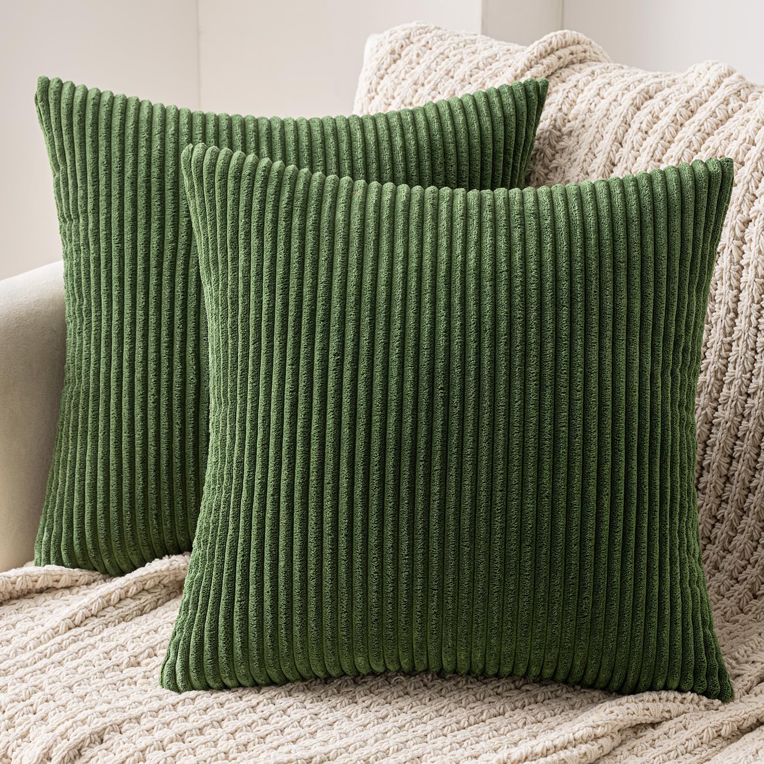 MIULEE Set of 2 Striped Corduroy Cushion Covers Soft Throw Pillow Case Sham Home for Sofa Couch/Bedroom Decorative Fluffy Large Pillowcases 40x40cm Matcha Green — image 1