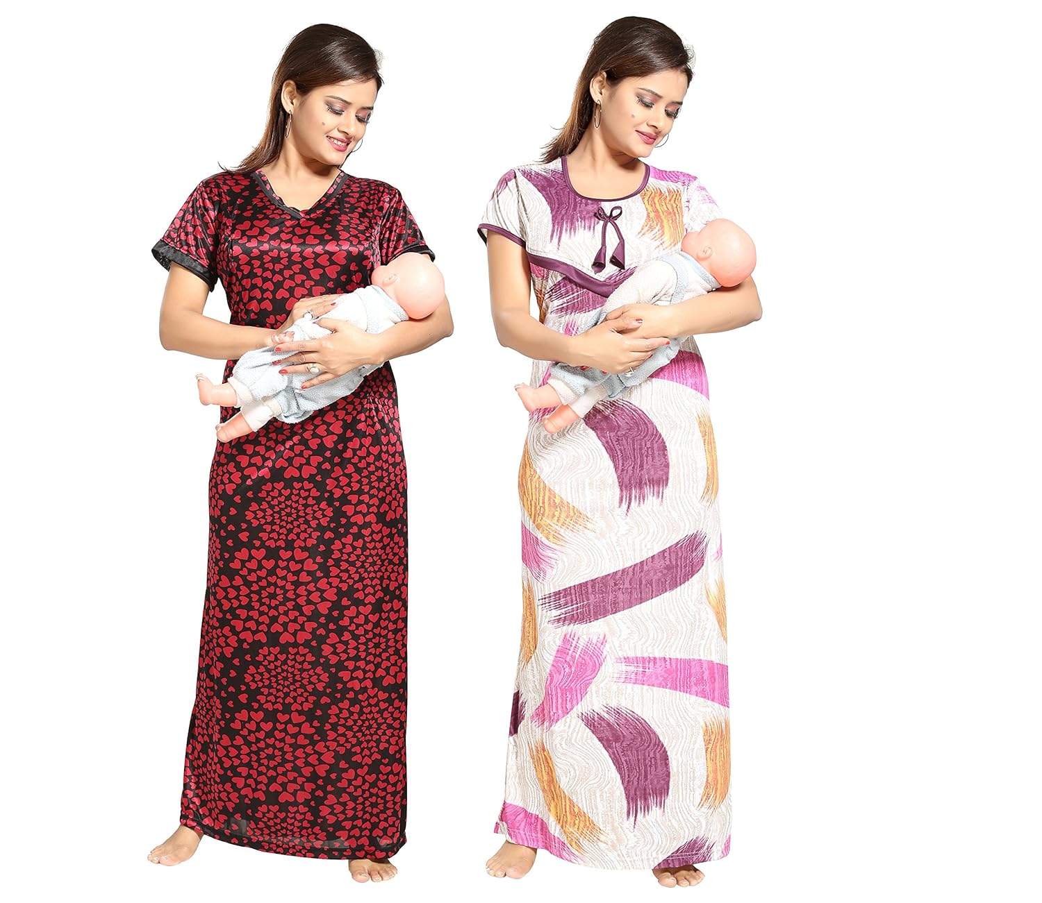 tucute women's beautiful heart print satin with invisible zip & strips print feeding nightwear (multicolour_free size_pack of 2 pcs)