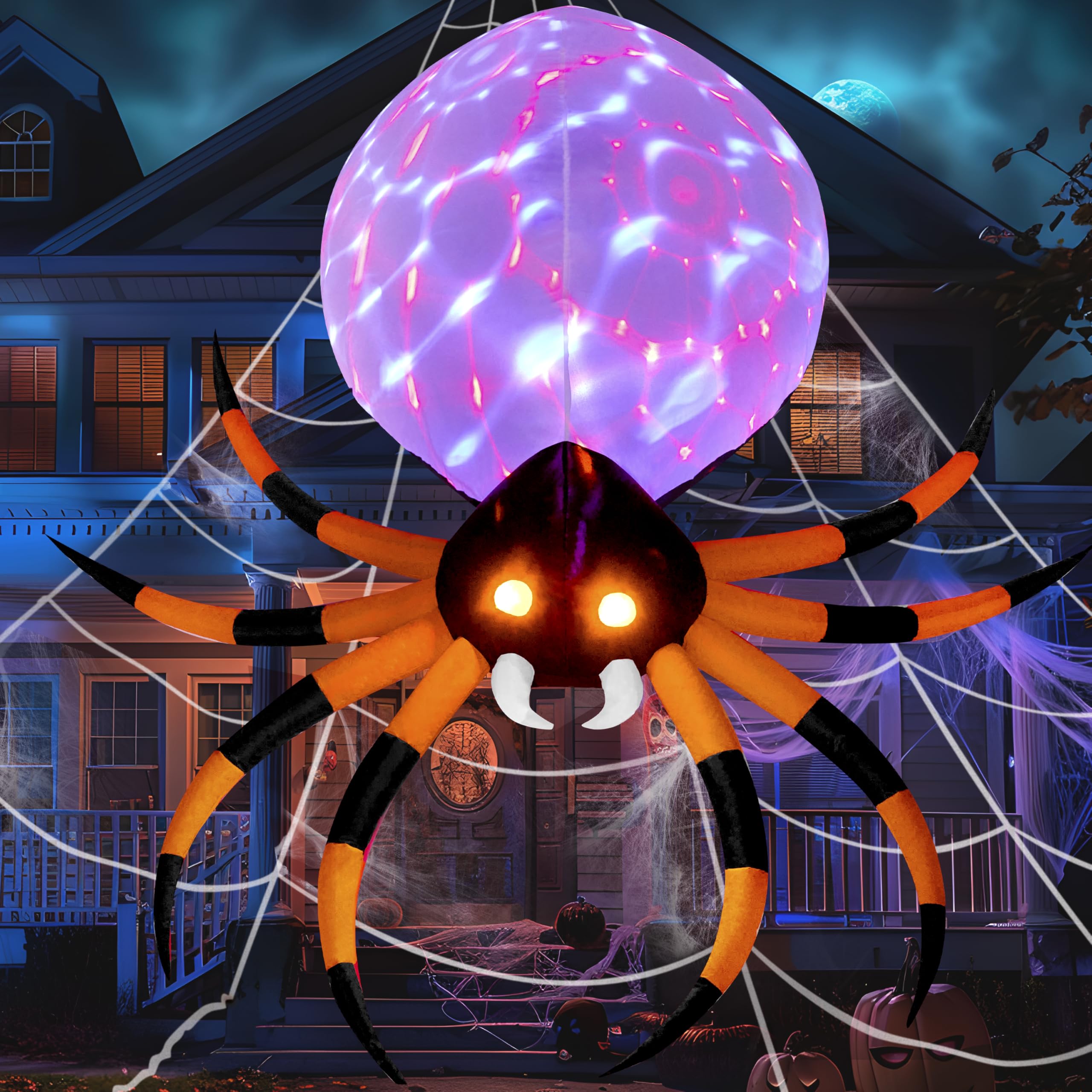 Photo 1 of JOYIN 8 FT Halloween Inflatable Giant Spider Outdoor Decorations, Blow Up Spider Yard Decorations with Rotating Colorful Light and Glowing Eyes for Halloween Party Lawn Garden Outside Decor