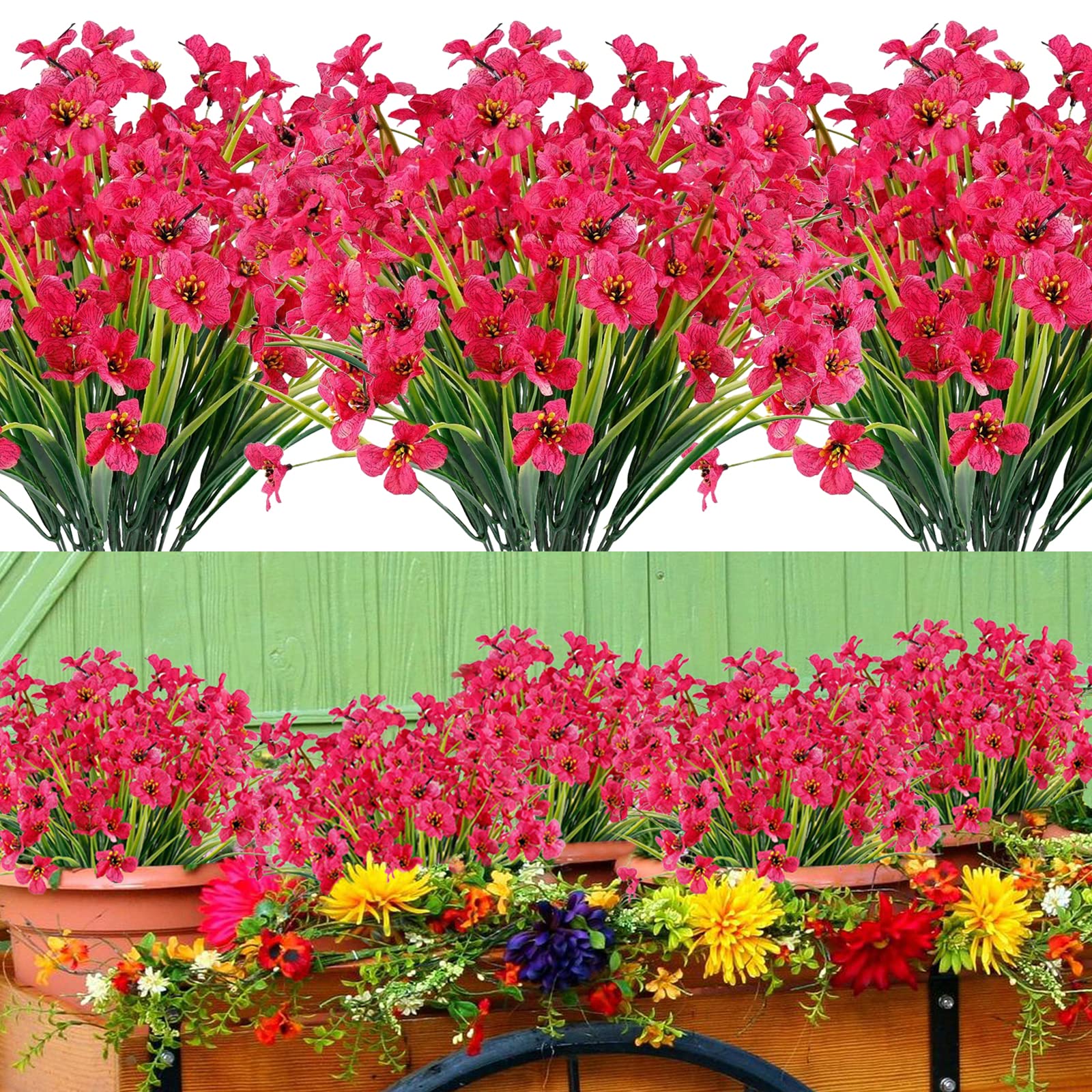12 Bundles Artificial Flowers Outdoor Plants UV Resistant Fake Flowers Indoor Outside Planter Hanging Baskets Plastic Faux Flowers Silk Flowers for Decoration Home Garden Porch Wedding Decor(Rose Red)