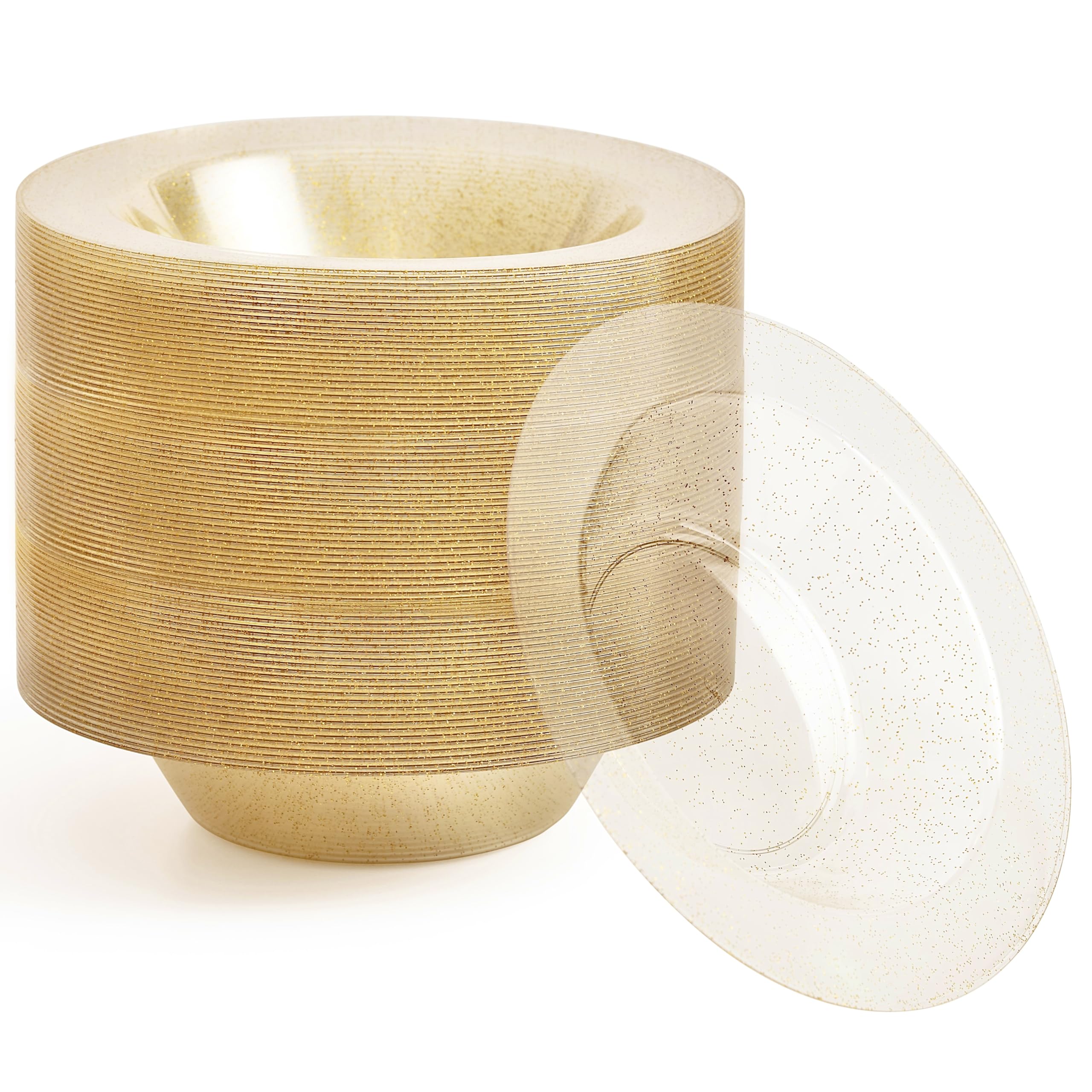 MATANA 25 Premium Clear Hard Plastic Bowls with Gold Glitter, 360ml - Sturdy & Reusable - Soup Bowls, Dessert Bowls for Weddings, Birthdays, Picnic, Buffet, Catering, Parties