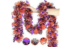 OUDDY MODE Halloween Garland Decorations, 36.75 Ft Halloween Tinsel Garland with Pumpkin Spider Web Bat, Shiny Metallic Twist Garlands for Home Indoor Outdoor Party Tree Decorations