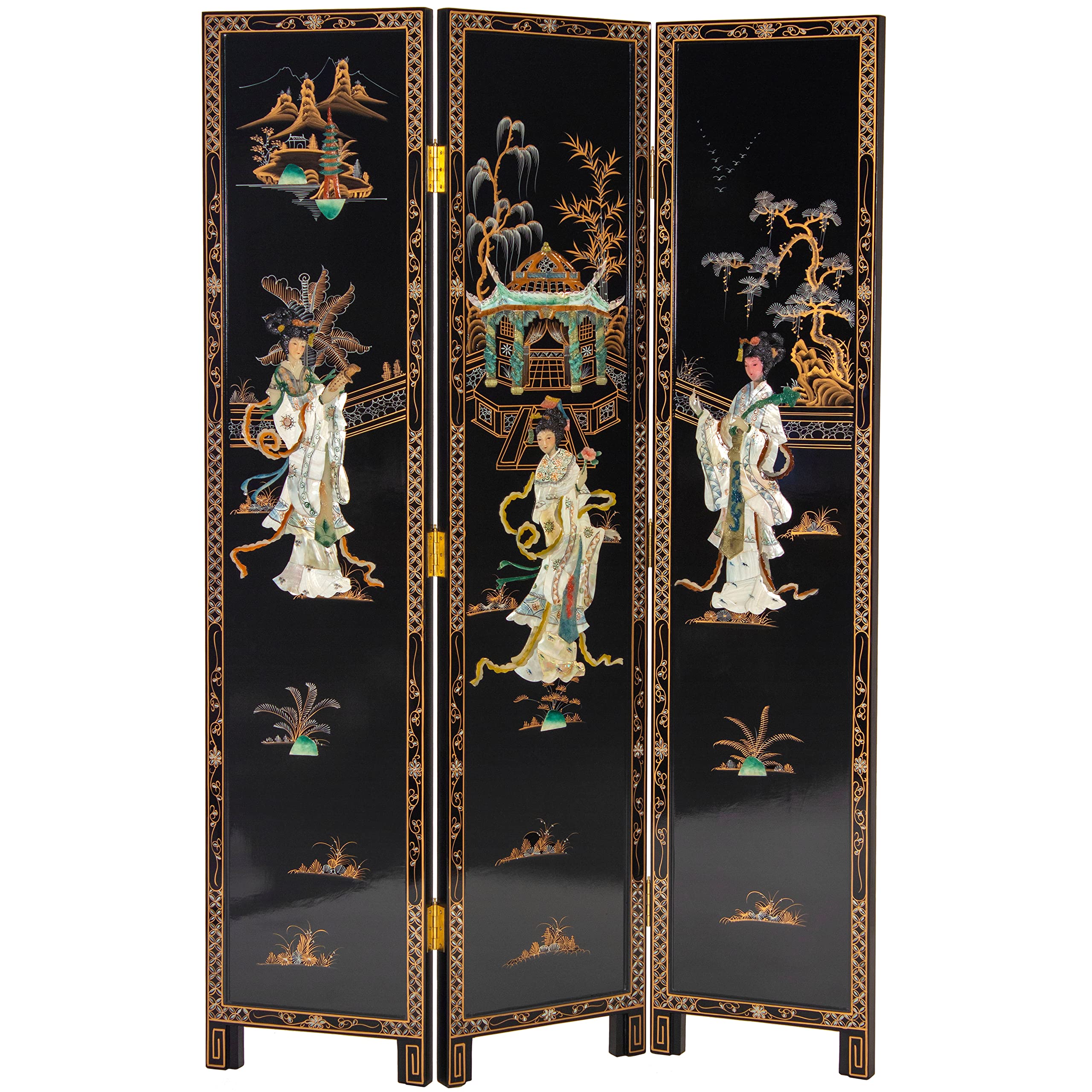 View 1 of ****The images are broken, as shown in the picture.**Red Lantern Hand Crafted Artisanal 6 ft. Tall Black Lacquer Room Divider - Royal Ladies