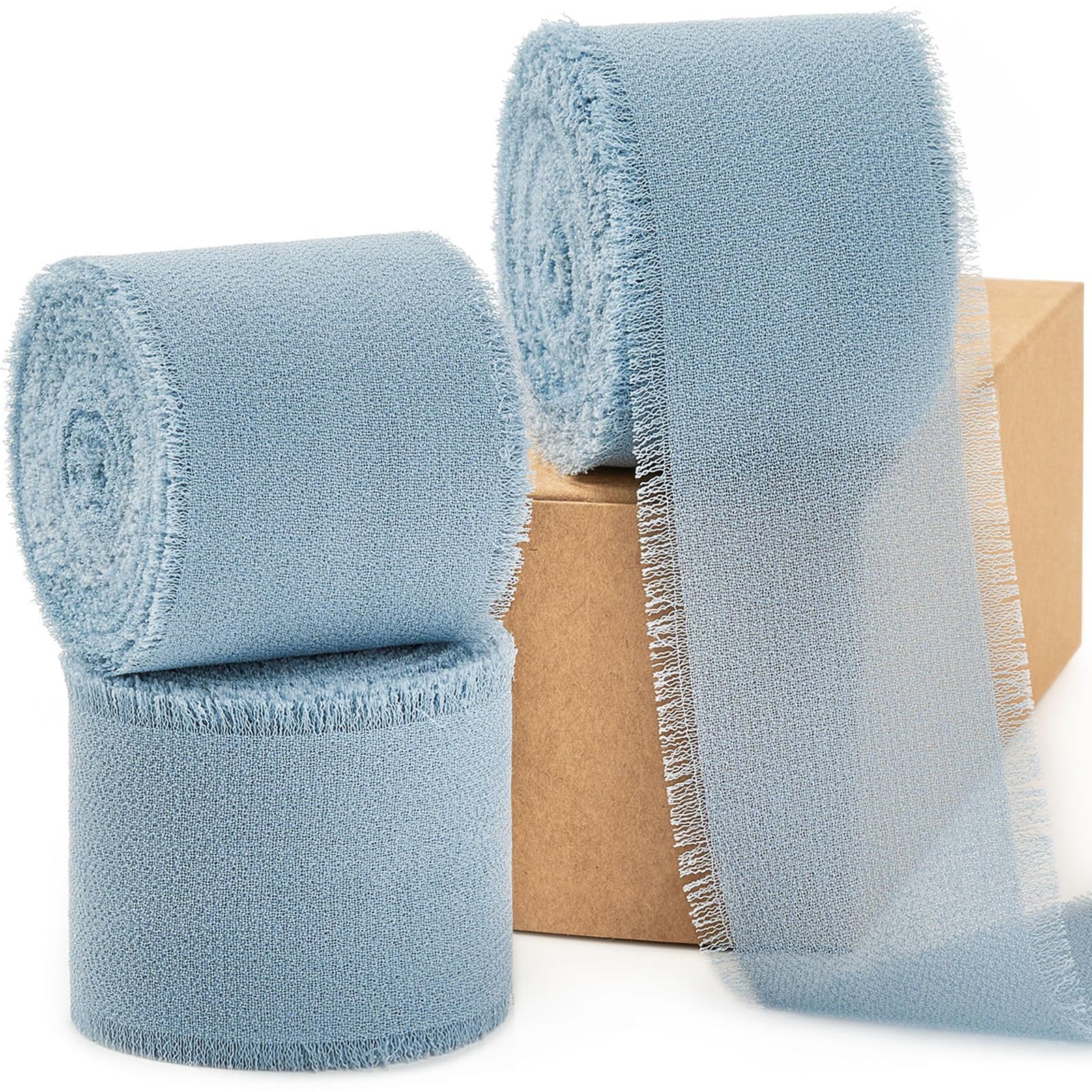Photo 1 of Dusty Blue Chiffon Ribbon 1.5 Inch x 3 Rolls Total 21 Yards Handmade Fringe Silk Chiffon Fabric Ribbon for Gift Wrapping Wedding Invitation Bridal Flower Bouquet DIY Crafts Home Decor