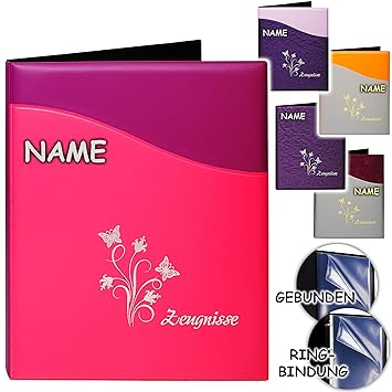 Zeugnismappe / Zeugnisbuch - ' Zeugnisse ' _ ' Blumen & Schmetterlinge - Modell-Mix ' - inkl. Name - A4 - GEBUNDEN mit 20 fes