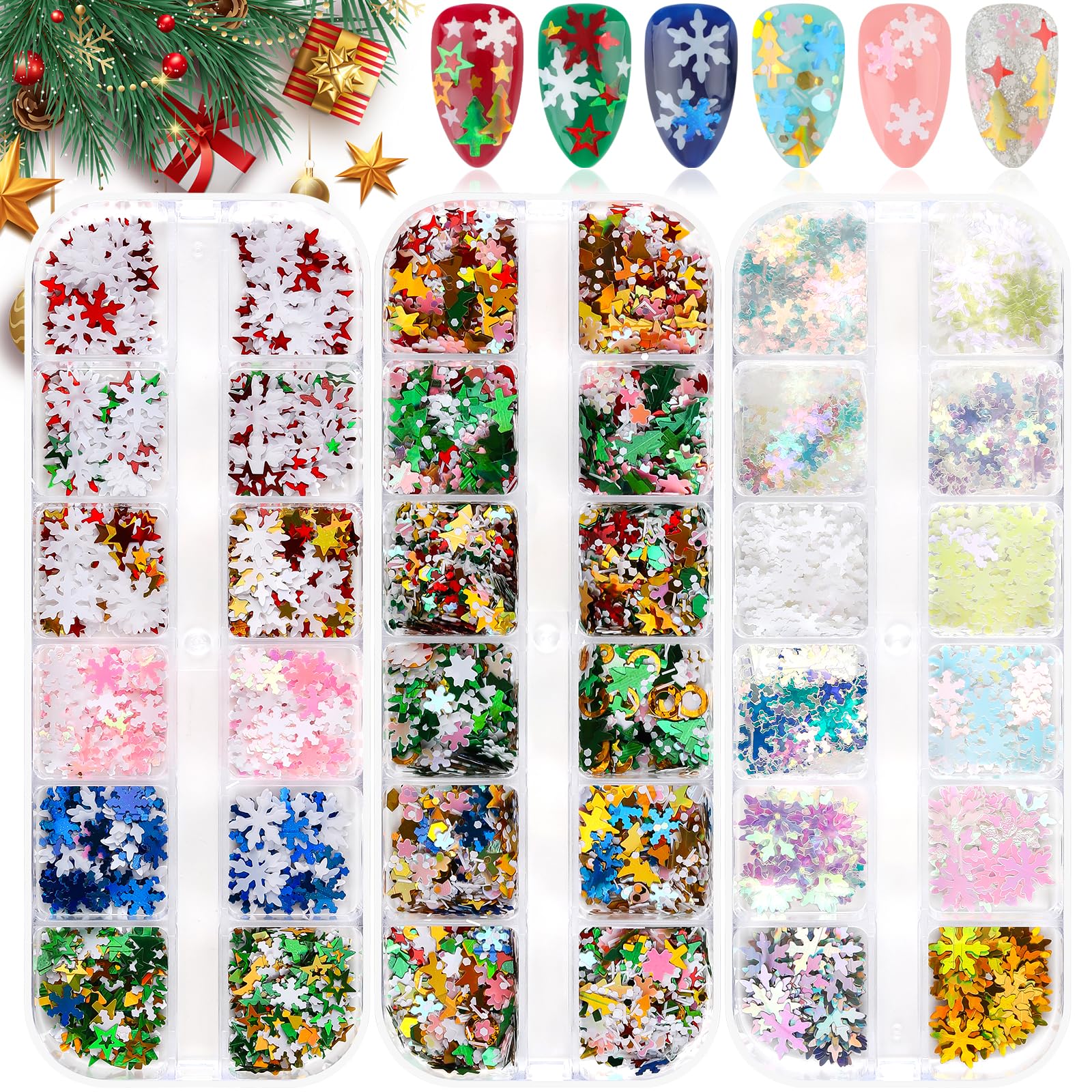 Christmas Nail Glitter Sequins, EBANKU 3 Boxes Holographic Snowflake Star Laser Nail Sequins 3D Nail Art Flakes Mixed Shape Xmas Nail Glitter Flakes Nail Decals for Christmas Party