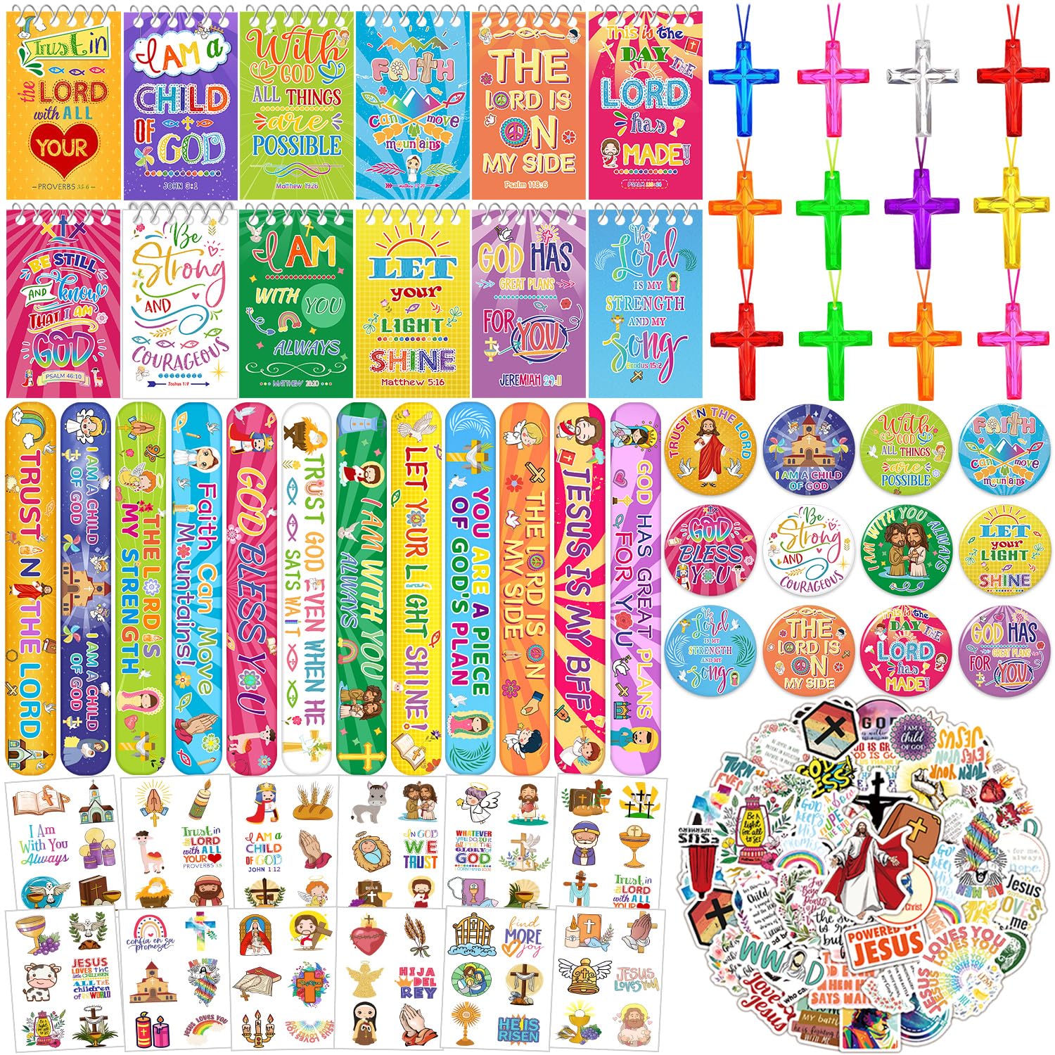 YYMYMGJ 110PCS Bible Verse Party Favors, Belief Jesus Christian Religious Gifts, Mini Religious Notebooks, Cross Necklace, Stickers, Slap Bracelets, Button Pins and Temporary Tattoos for Kids Adults