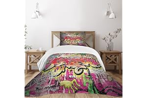 Lunarable Brick Wall Bedspread, Graffiti on Urban Street Style Art Underground Theme Print, Decorative Quilted 2 Piece Coverlet Set with Pillow Sham, Twin Size, Soft Red
