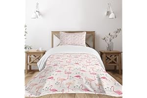 Ambesonne Flamingo Bedspread Set, Flamingos in Vintage Style Illustration Love and Romantic Animals Art Print, 3 Piece Decorative Bedding Coverlet and 2 Pillow Shams, Twin Size, Beige Pink