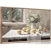 XXOUYLQ Vintage Kitchen Wall Art Yellow Lemon Still Life Pictures Daisy oil Painting Poster Rustic Farmhouse Artwork Posters White vase Canvas Bedroom Bathroom Wall Decor Kitchen Prints frame 16x32in