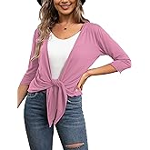 VOIANLIMO Women's Tie Front Casual 3/4 Sleeve Cropped Bolero Lightweight Sheer Shrug Cardigans S-XL