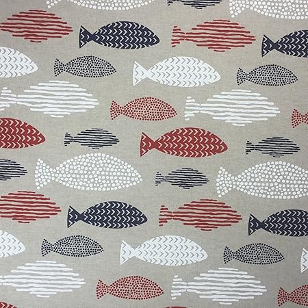 Nautical Fish Cotton Rich Linen Look Fabric For Curtains Blinds