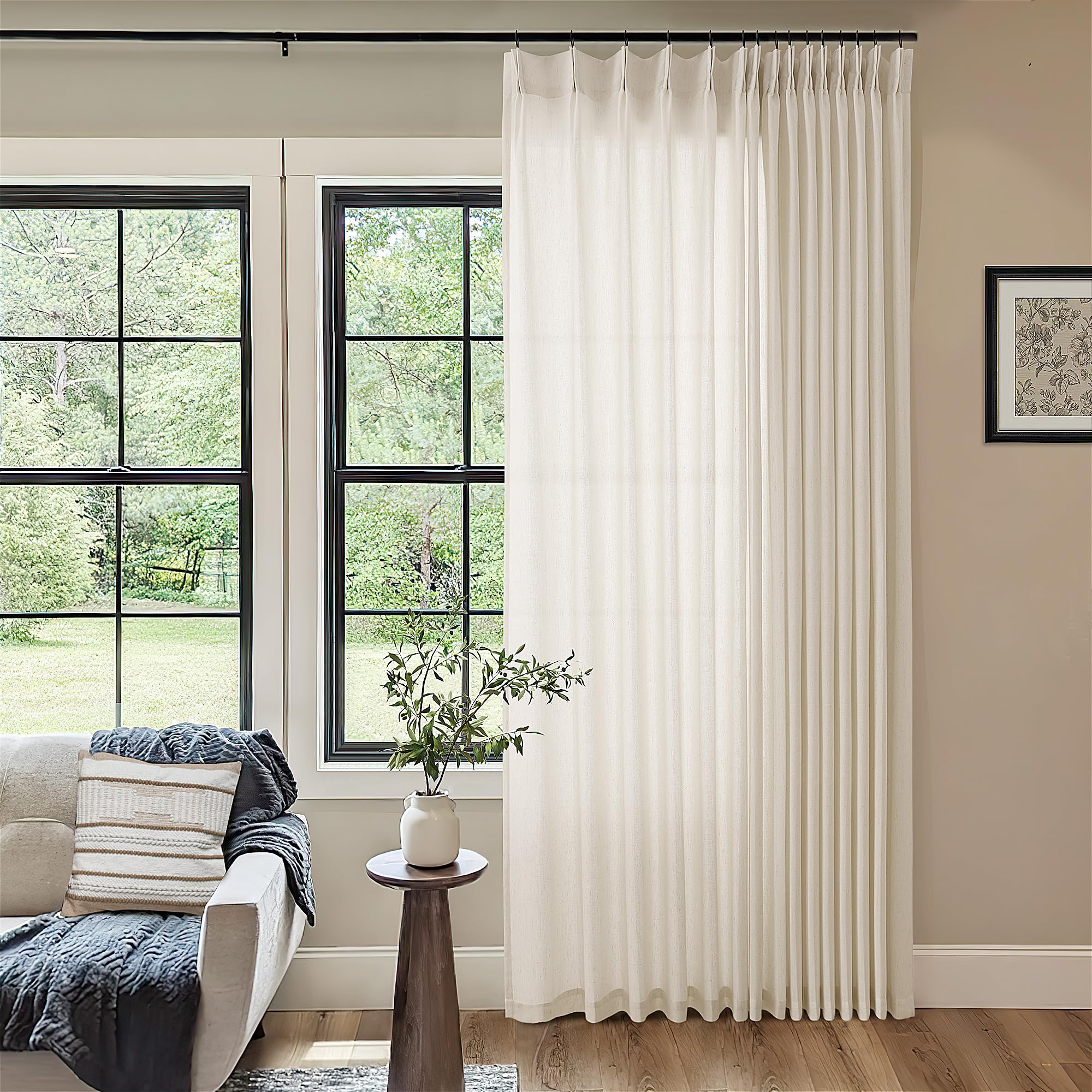 Photo 1 of Extra Wide Beige Linen Pinch Pleated 100 x 108 Curtains for Living Room Light Filtering Semi Sheer Pleat Window with Hooks Rings Back Tab 100 Inch Wide 108 Inch Long for Patio Glass Sliding Door