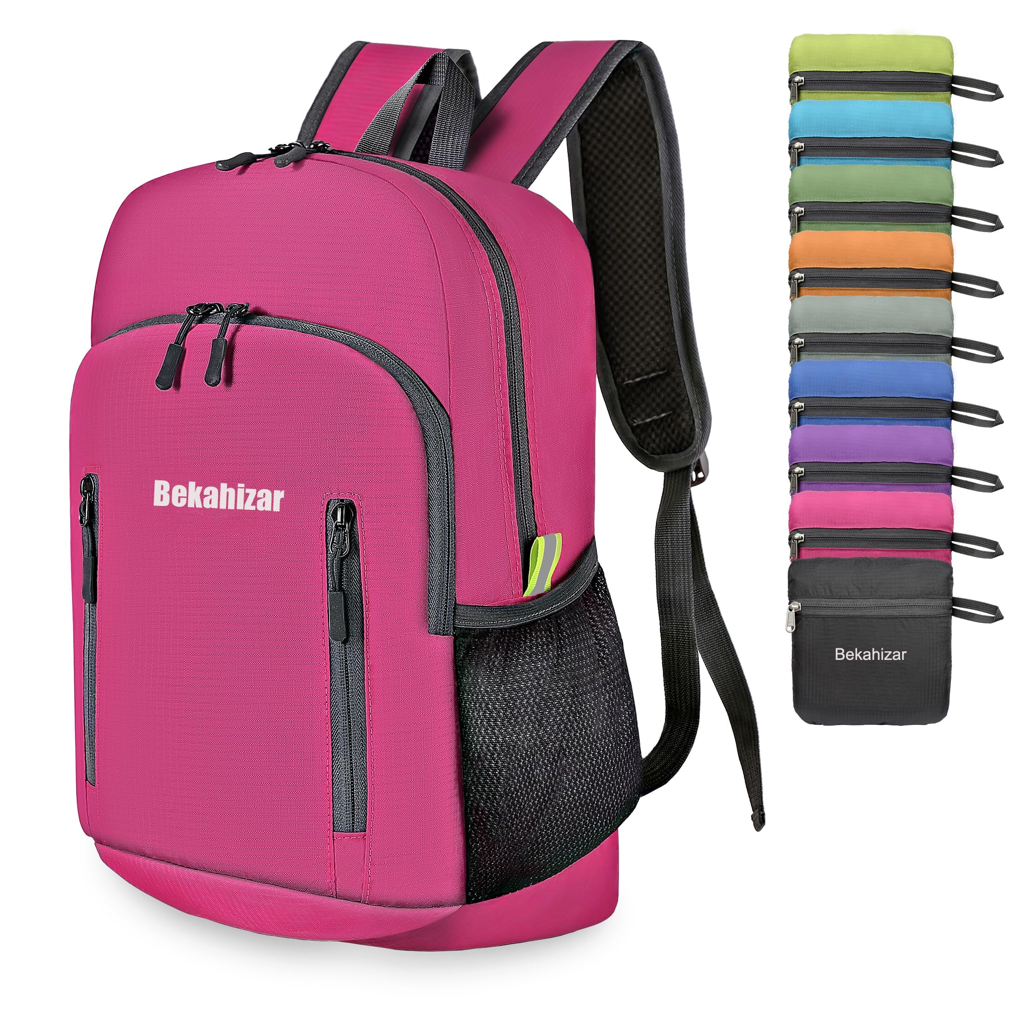 Bekahizar 20L Ultra Lightweight Backpack Foldable Hiking Daypack Rucksack Water Resistant Travel Day Bag for Men Women Kids Outdoor Camping Mountaineering Walking Cycling Climbing (Rose Red)