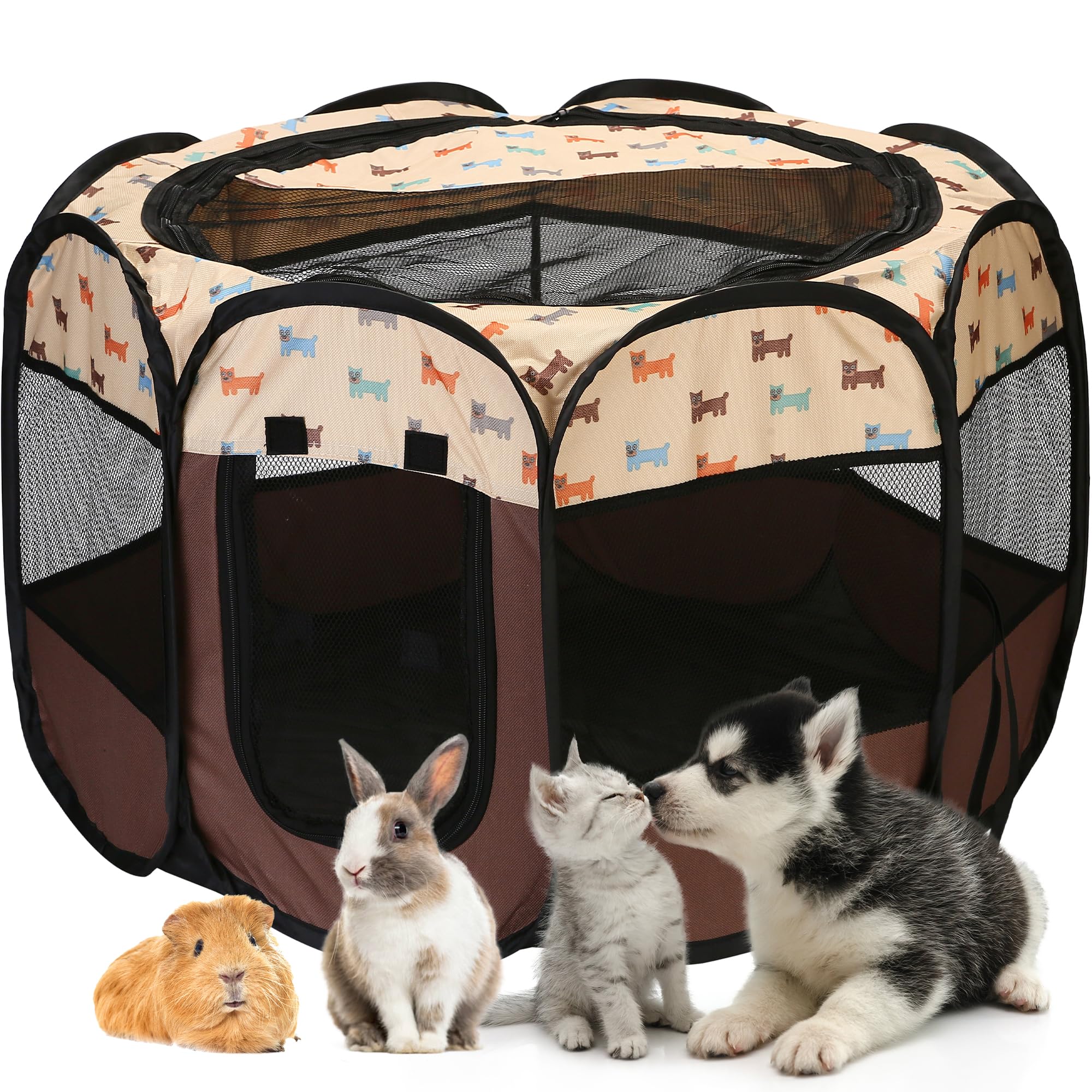 Foldable Pet Playpen - Portable, Soft Pop-Up Design for Dogs, Cats and Kittens - Breathable Mesh Fabric Cage - Lightweight and Indoor/Outdoor Use