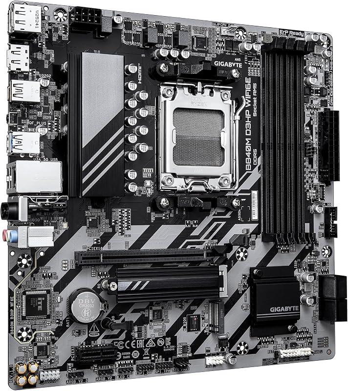 Motherboard GIGABYTE B840M D3HP WIFI6E – CPUs AMD Ryzen 9000, VRM de 8+2+2 fases, até 8200 MHz DDR5 (O.C.), 2× M.2 PCIe 4.0, Wi-Fi 6E, 1 GbE LAN, USB 3.2 Gen 2