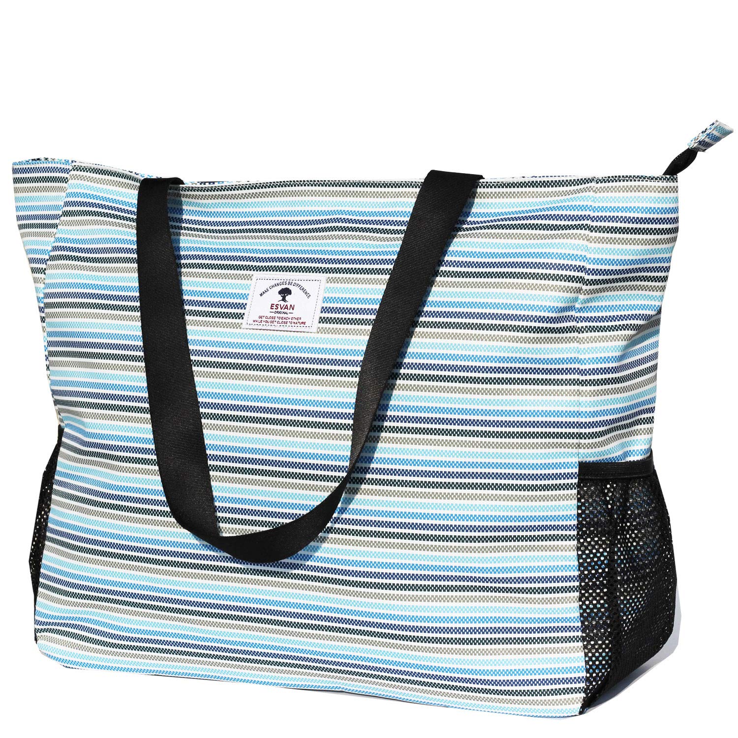 ESVAN Large Beach Bag Water Resistant Lightweight 20 inch Women Oversize Tote Bag for Gym Beach Travel Pool Yoga Nurse (Blue&White Stripe)