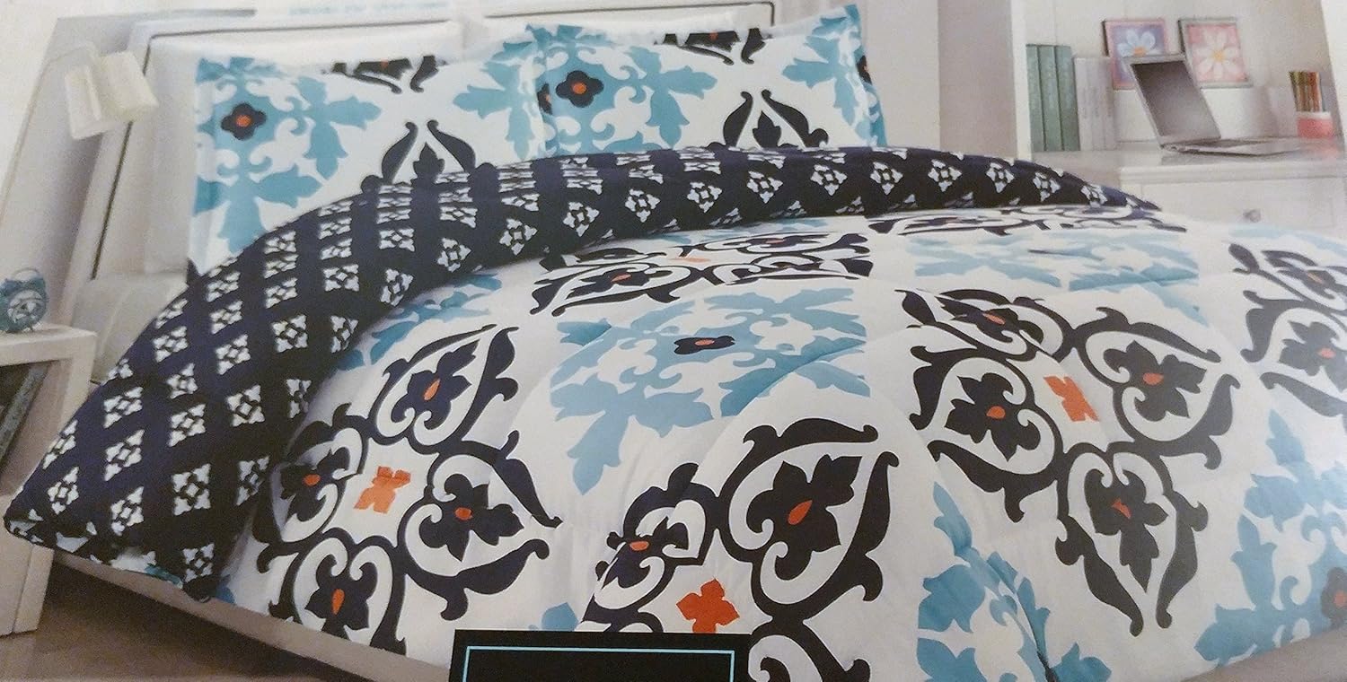Cynthia Rowley 100% Microfiber Reversible 2 Piece Comforter Set TWIN XL Blue, White and Coral