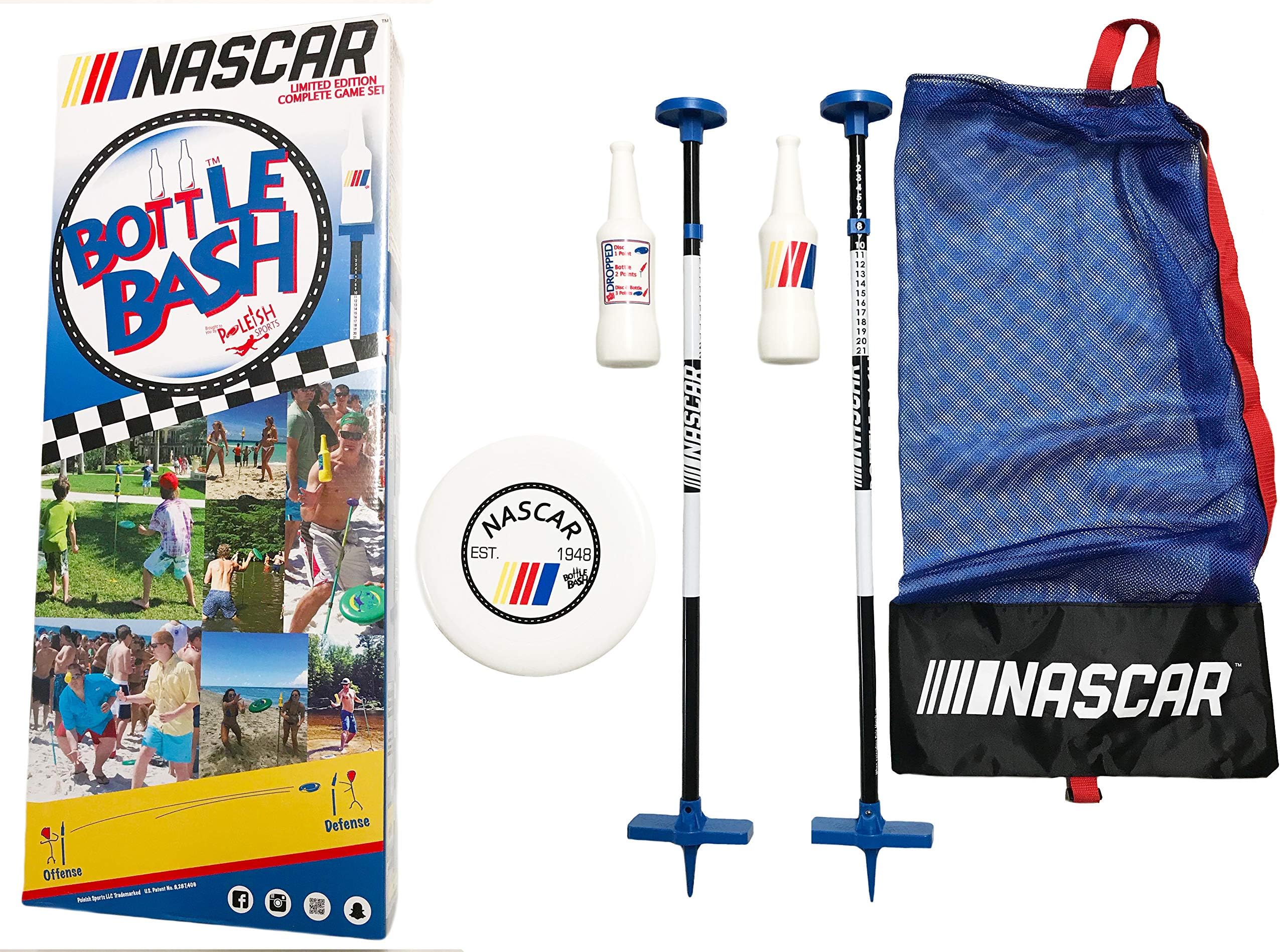 Bottle Bash Standard Outdoor Game Set – New Fun Disc Toss Game for Family Adult & Kid to Play at Backyard Lawn Beach Game - Frisbee Target Yard Game with Poles & Bottles (Beersbee & Polish Horseshoes)