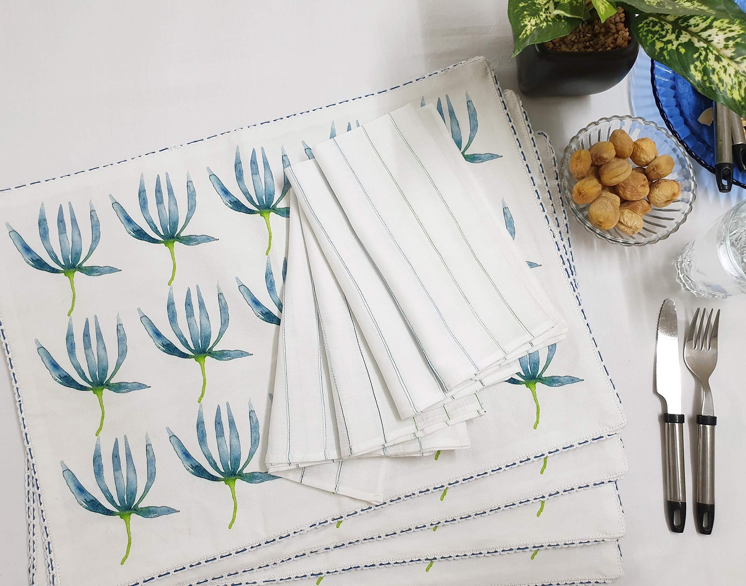 Panigha India Hand painted water colour floral design digital printed Set of 4 Cotton Table Mats & 4 Napkins