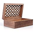 Mela Artisans Large Keepsake Box with Hinged Trellis Lid - Medium Polish | Wooden Decorative Box | Keepsake Memory Box | Mango Wood Storage Box | Store Trinkets, Cards & Stash | 9” x 6” x 3.5”