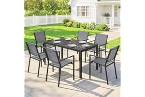 Outsunny 7 Pieces Outdoor Dining Set for 6, Rectangle Wood Effect Metal Patio Table and Mesh Stackable Chairs with Umbrella H