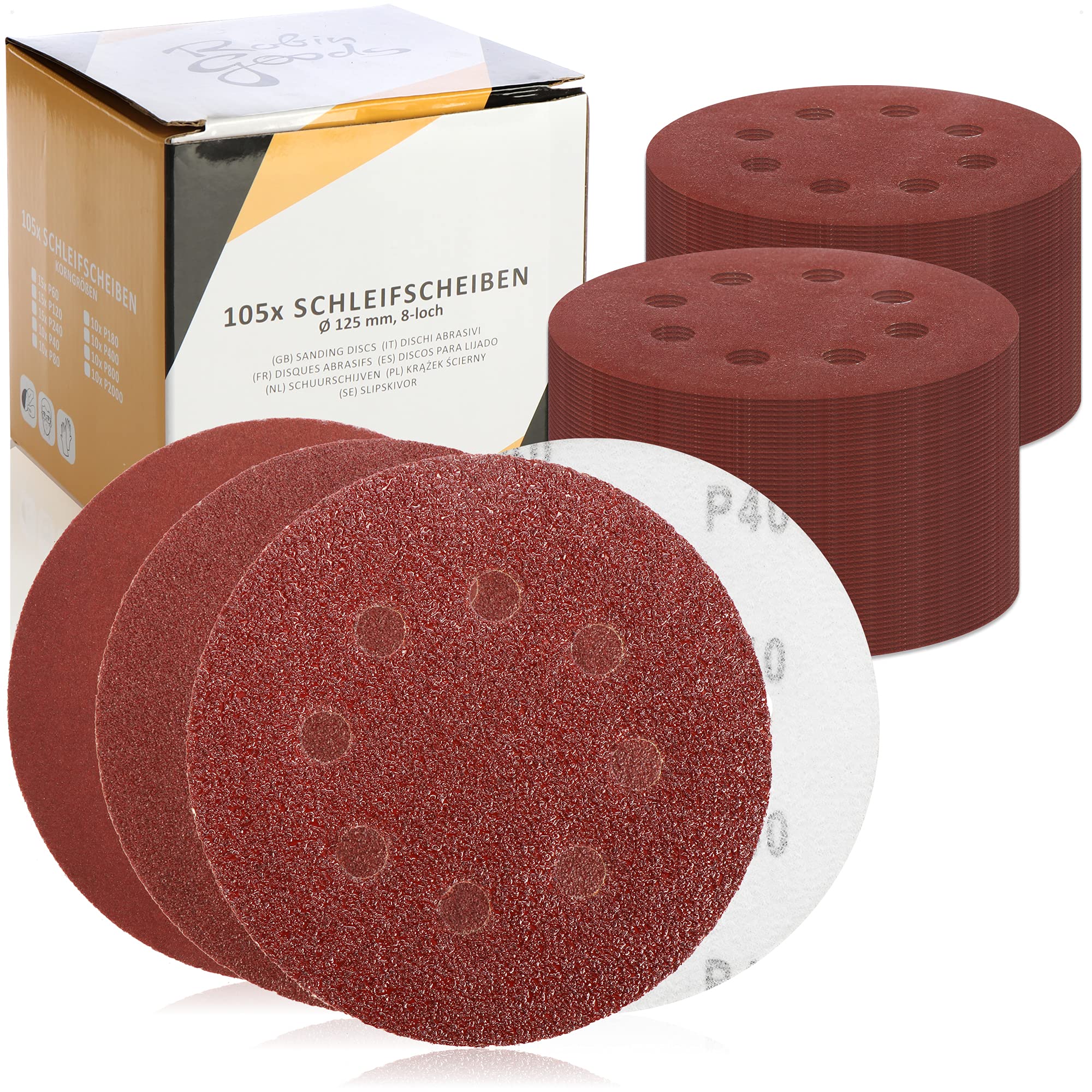 Robin Goods® 105x Random Orbital Sander Sandpaper 125mm - Sanding Discs 8 Hole - Round Sanding Sheets with 9 grit Sizes (Round - red)