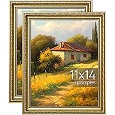 upsimples 11x14 Picture Frame with Real Glass, Ornate Vintage 11 x 14 Photo Frames for Wall Decor, Gold, 2 Pack