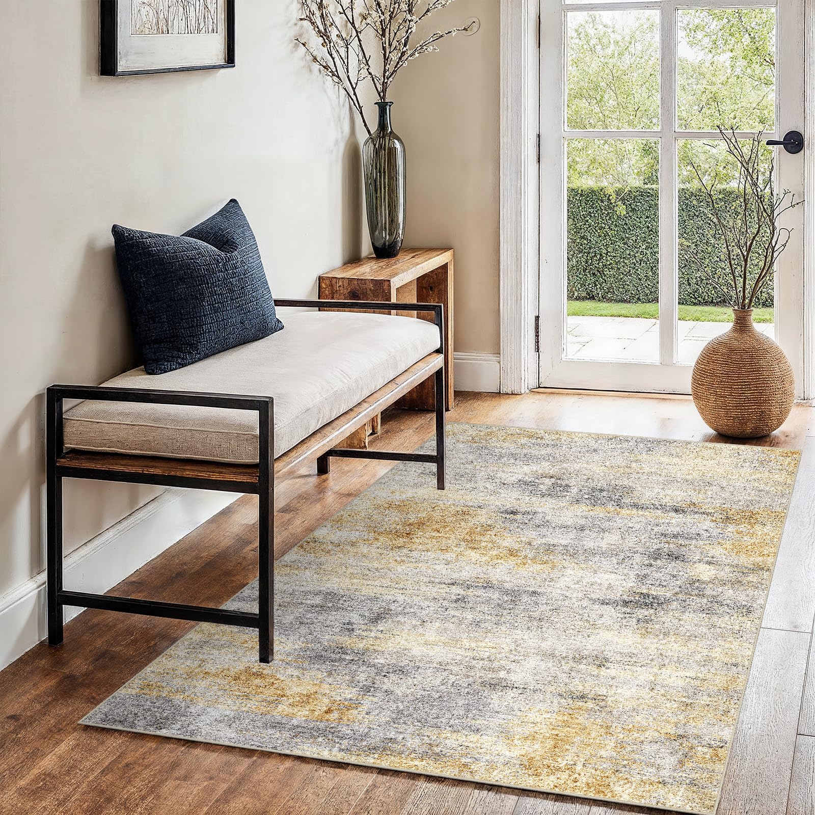 3x4 Washable Entryway Area Rug: Modern Abstract Small Runner Rug for Hallway Soft Non Slip Door Mat with Rubber Backing Low Pile Thin Floor Carpet for Kitchen Bathroom Bedroom Indoor 3x4 Grey/Yellow Image