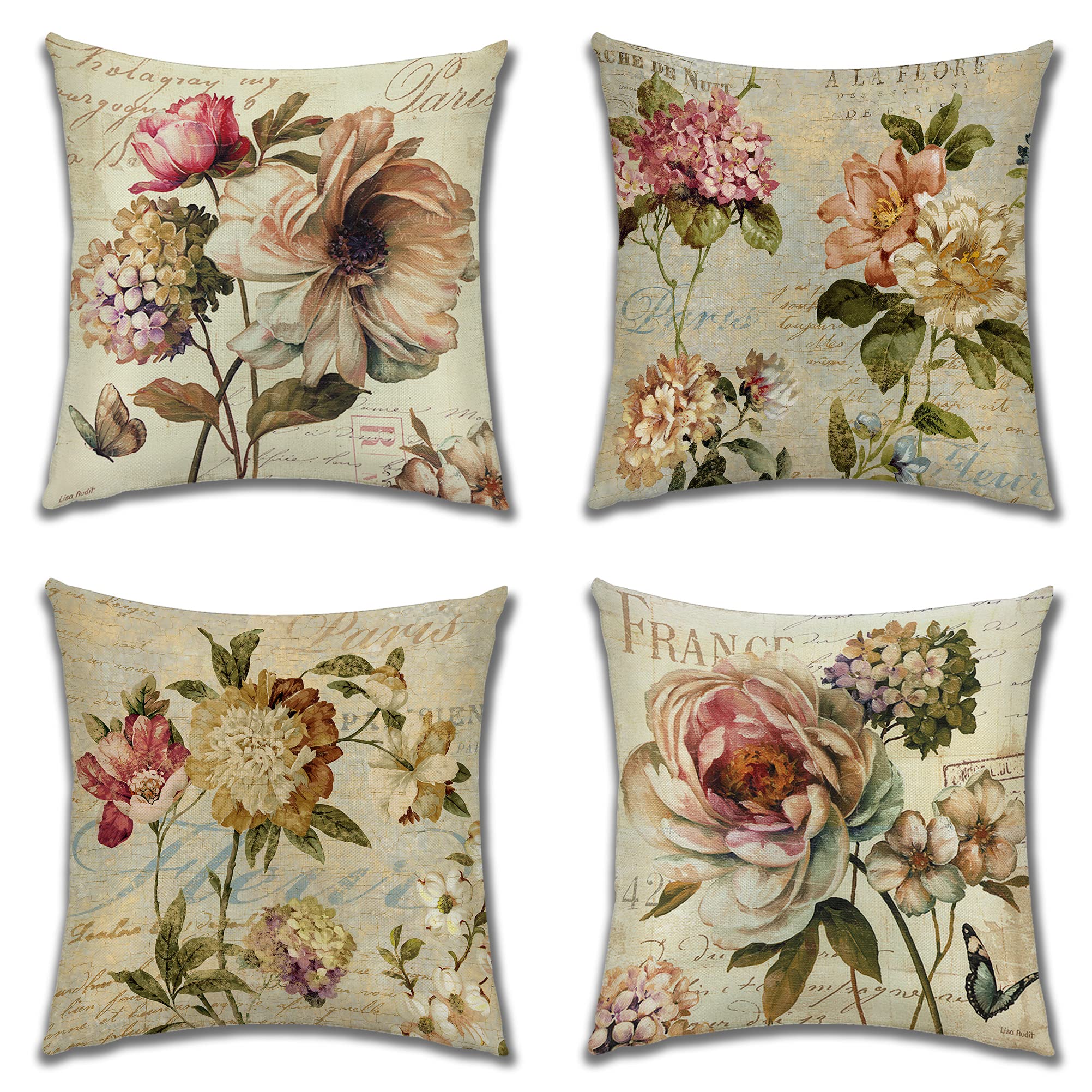 JOTOM Cushion Covers Set of 4 Flowers Square Pillow Cover Throw Pillow Case Home Decor Pillowcases Floral Cushion Cover for Sofa Chair Couch Bedroom Garden Outdoor Decorative 45x45cm (Flowers)