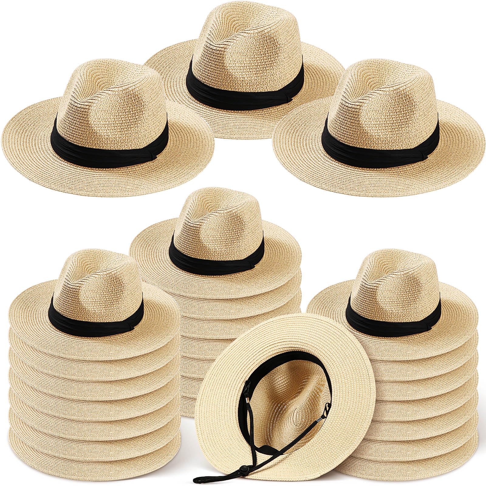 Photo 1 of Sureio 24 Pcs Panama Straw Hats for Women Bulk Wide Brim Beach Hat Bulk Summer Sun Straw Cap for Women Men(Beige)