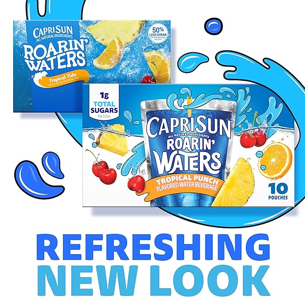 CAPRI SUN ROARIN’ WATERS TROPICAL PUNCH FLAVORED WITH OTHER NATURAL FLAVOR WATER BEVERAGE, 40 CT PACK, 4 BOXES OF 10 DRINK POUCHES