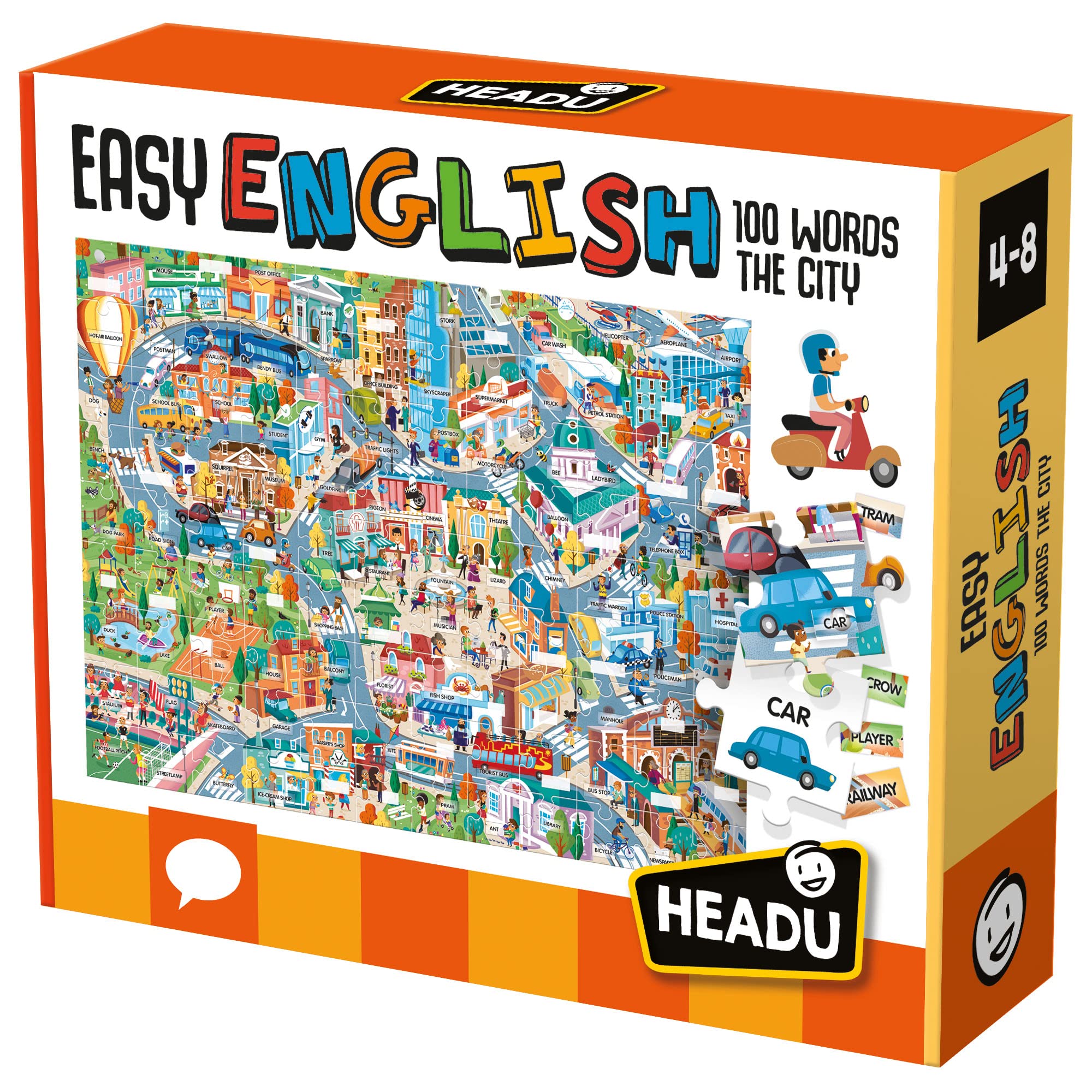 HEADU | Easy English 100 Words - City Puzzle - large puzzle with special tokens for learning words and more than 100 movable stickers | Educational Games & Puzzles | Ages 4-8 years