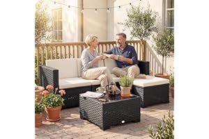 Outsunny 5 Piece Patio Furniture Set, L-Shaped Wicker Outdoor Sectional Sofa with 3 Single Chairs, Ottoman, Glass Table, Outd