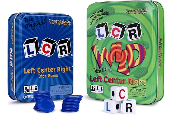 George & Company LLC LCR (Left Right Center) in Blue & LCR Wild Dice Game in Green Tin Gift Set Bundle - 2 Pack