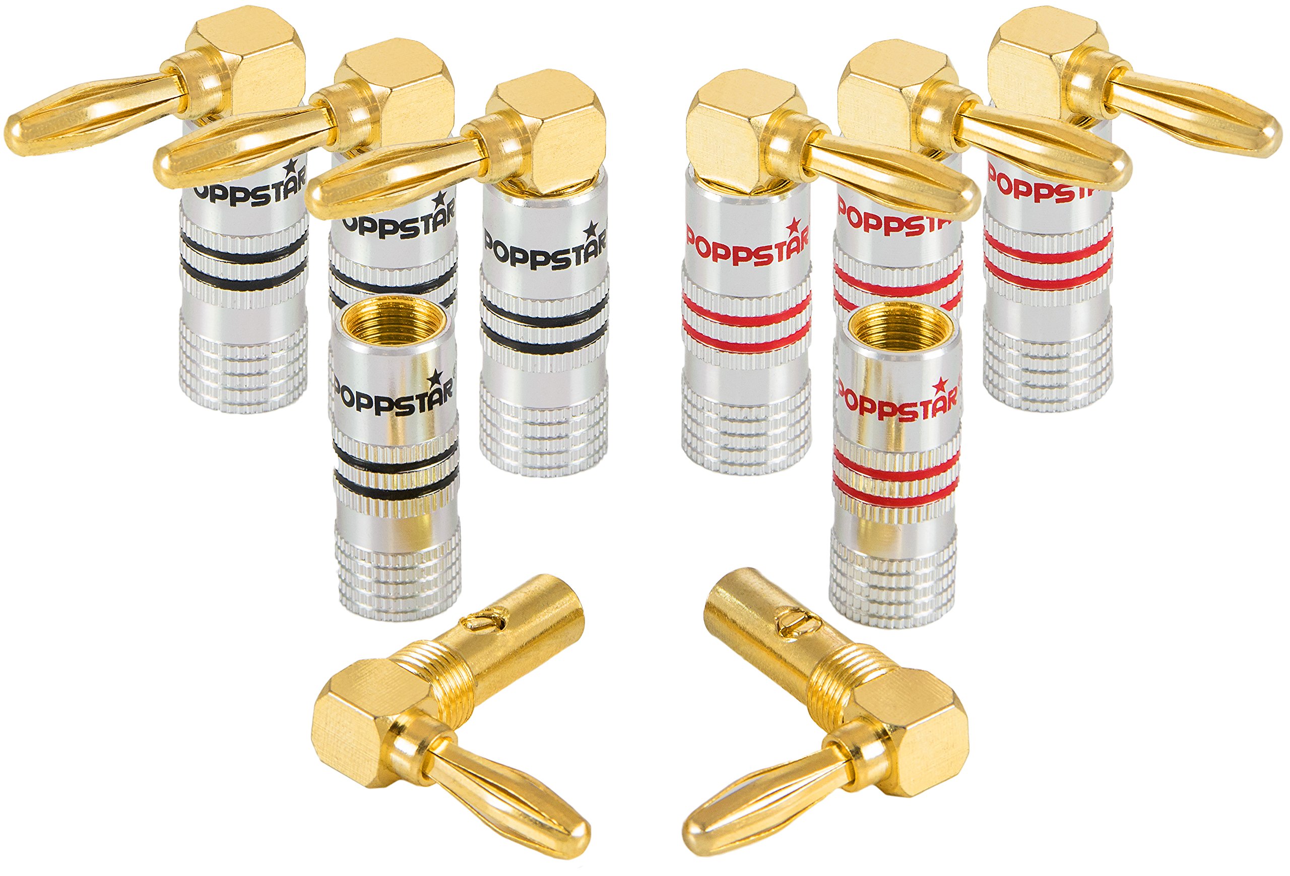 Poppstar Banana plug angled, for cables up to 4 sq mm screwed or 6 sq mm soldered, 24k gold plated contacts, pack of 8 — image 1