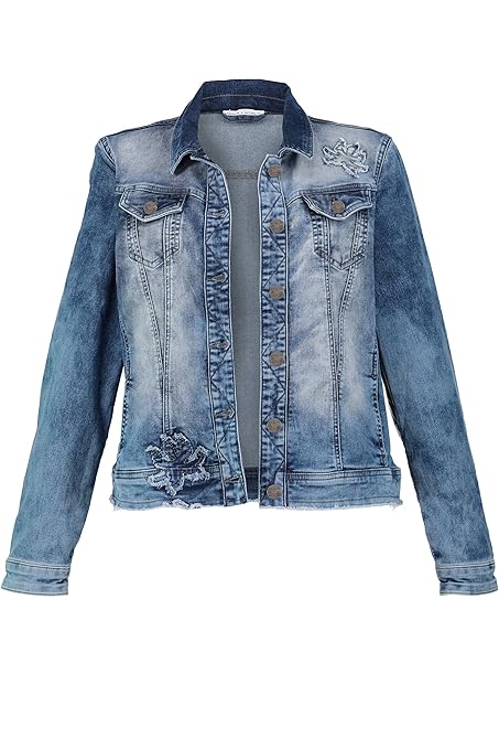GINA LAURA Damen bis 3XL, Jeansjacke, Blüten-Patches, Fransensaum, 719184