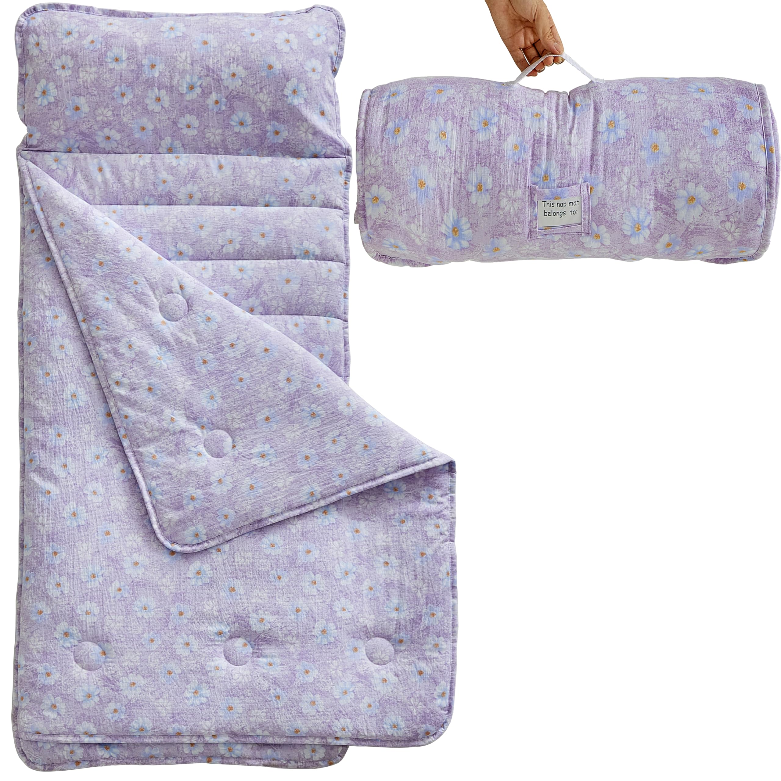Photo 1 of ?JHCHMX Floral Toddler Nap Mat with Pillow and Blanket,Extra Large Roll Up Kids Sleeping Mat,Soft Slumber Bags for Girls,Perfect for Daycare,Preschool,Travel Camping- Purple