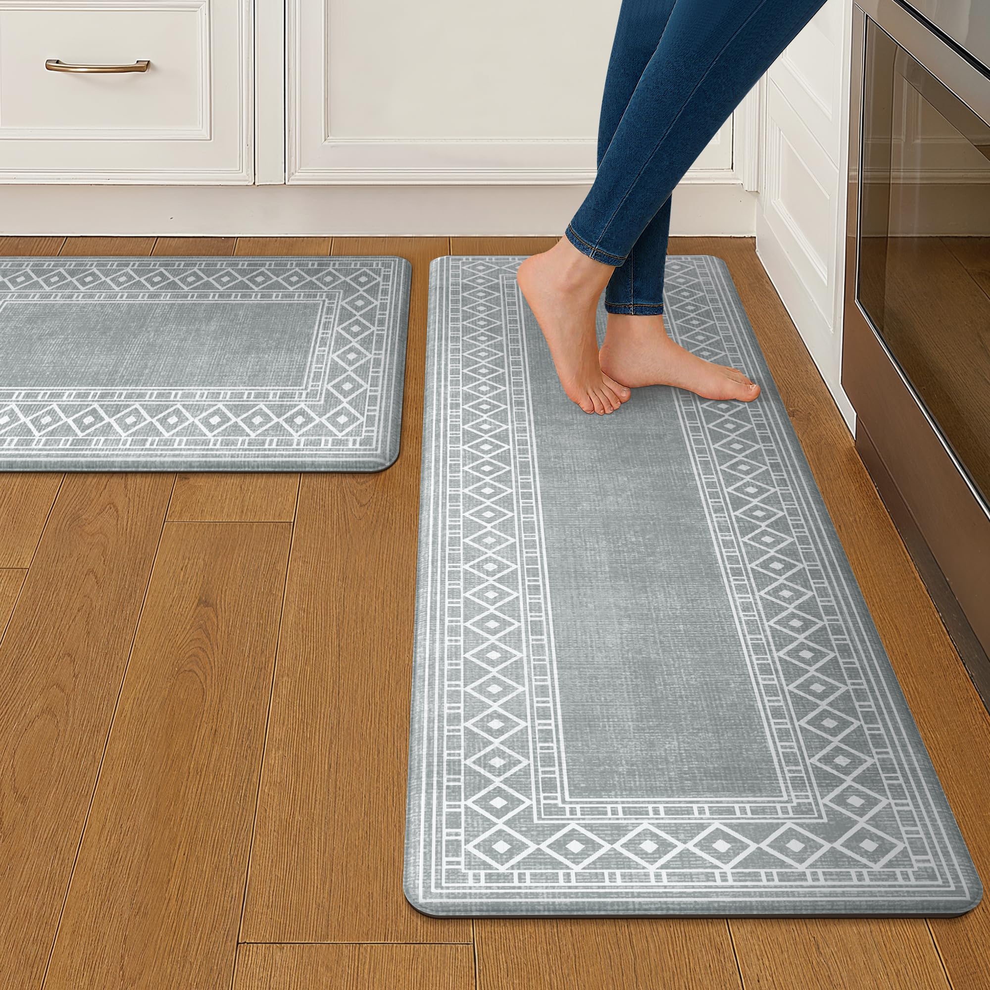 Photo 1 of GENIMO Kitchen Mats for Floor 2 PCS Cushioned Anti-Fatigue, Geometric Waterproof Kitchen Rugs Non Slip Washable, Comfort Standing Mat Rug for Kitchen, Office, Desk, Laundry, Grey, 17"x 47"+17"x 30"