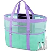 Yeendibo Chic & Spacious XX-Large Beach Bag for Women — 2026 Mesh × Canvas Tote with Top Zipper, 11 Pockets, Detachable Pouch | Modern Chic, Secure Zip-Top, Mesh × Canvas, 40L+ Spacious, Zipper Pouch