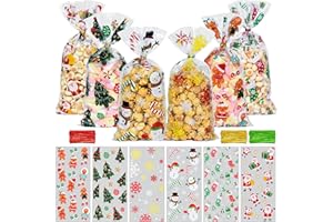 Tindobewan Christmas Treat Bags, 120Pcs Xmas Cellophane Goodie Bags with Twist Ties for Snacks Cookies Candy Gift Packing, Christmas Party Favors Supplies（10.6 x 5.1 Inches）