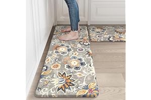 LEEVAN Kitchen Mats for Floor Non-Slip, Cushioned Anti Fatigue Mat 2 Piece, Blue Memory Foam Kitchen Mat Waterproof, Ergonomic Standing Mat for Bar, Office,Desk, Laundry, Grey