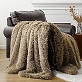 BATTILO HOME Luxury Fluffy Tan Faux Fur Throw Blanket, Super Soft Cozy Warm Fur Blanket for Couch, Sofa, Chair, Bed, Plush Fuzzy Fur Throws with Long Pile, 50"x60"