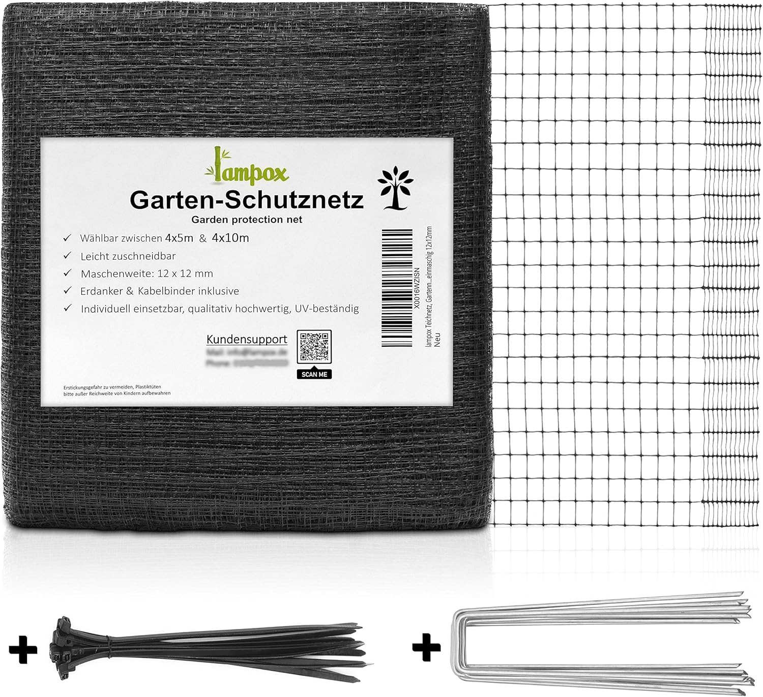 lampox Teichnetz, Gartennetz, Vogelschutz-Netz, Pool Netz, Obstbaumnetz, Vogelabwehr-Netz, Laubnetz, Witterungs- & UV-beständig, robust, 15x Erdhaken & 15x Kabelbinder (4 x 5m)