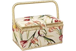Sewing Basket with Tulip Floral Print Design- Sewing Kit Storage Box with Removable Tray, Built-in Pin Cushion and Interior Pocket - Medium - 11" x 7" x 5.5" - by Adolfo Design