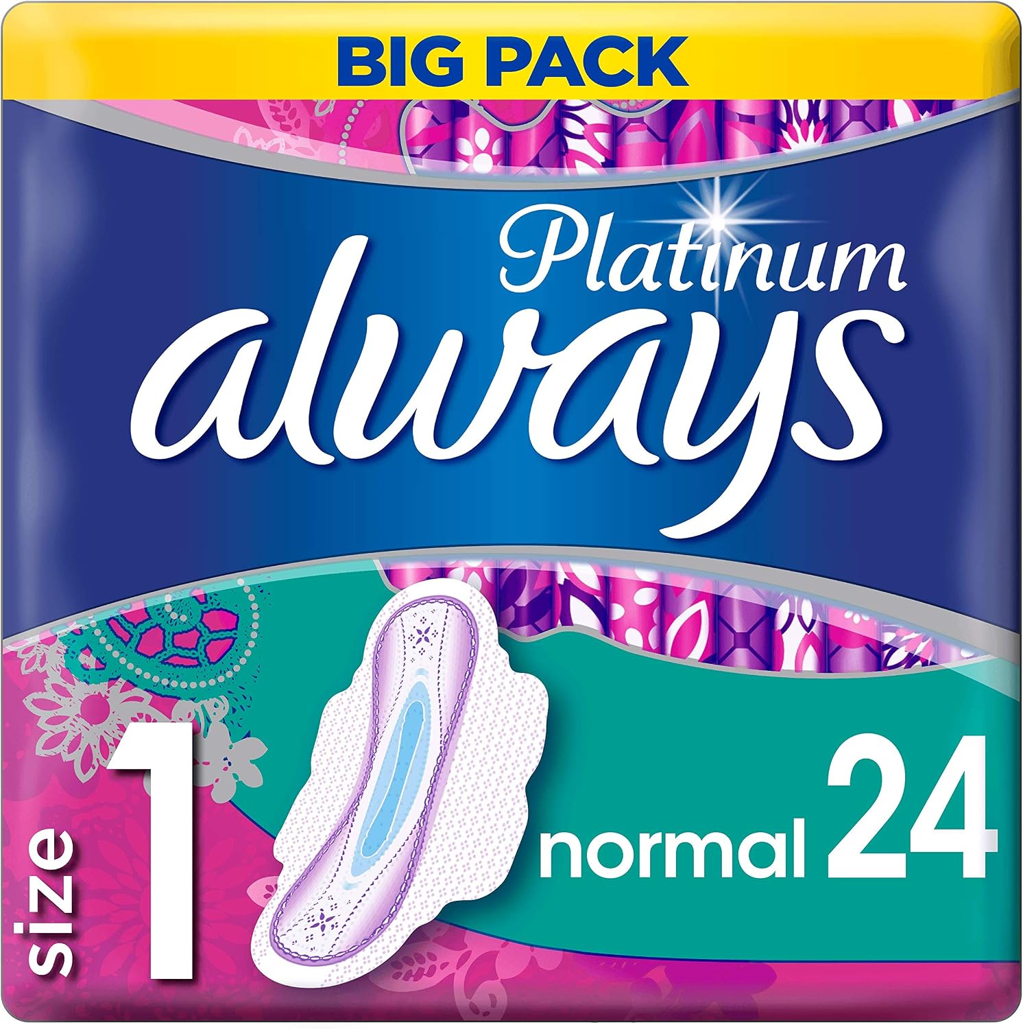 Always Platinum Sanitary Towels Normal (size 1) With Wings 24 Pads, Ultra Soft And Protective Topsheet, Light Scented