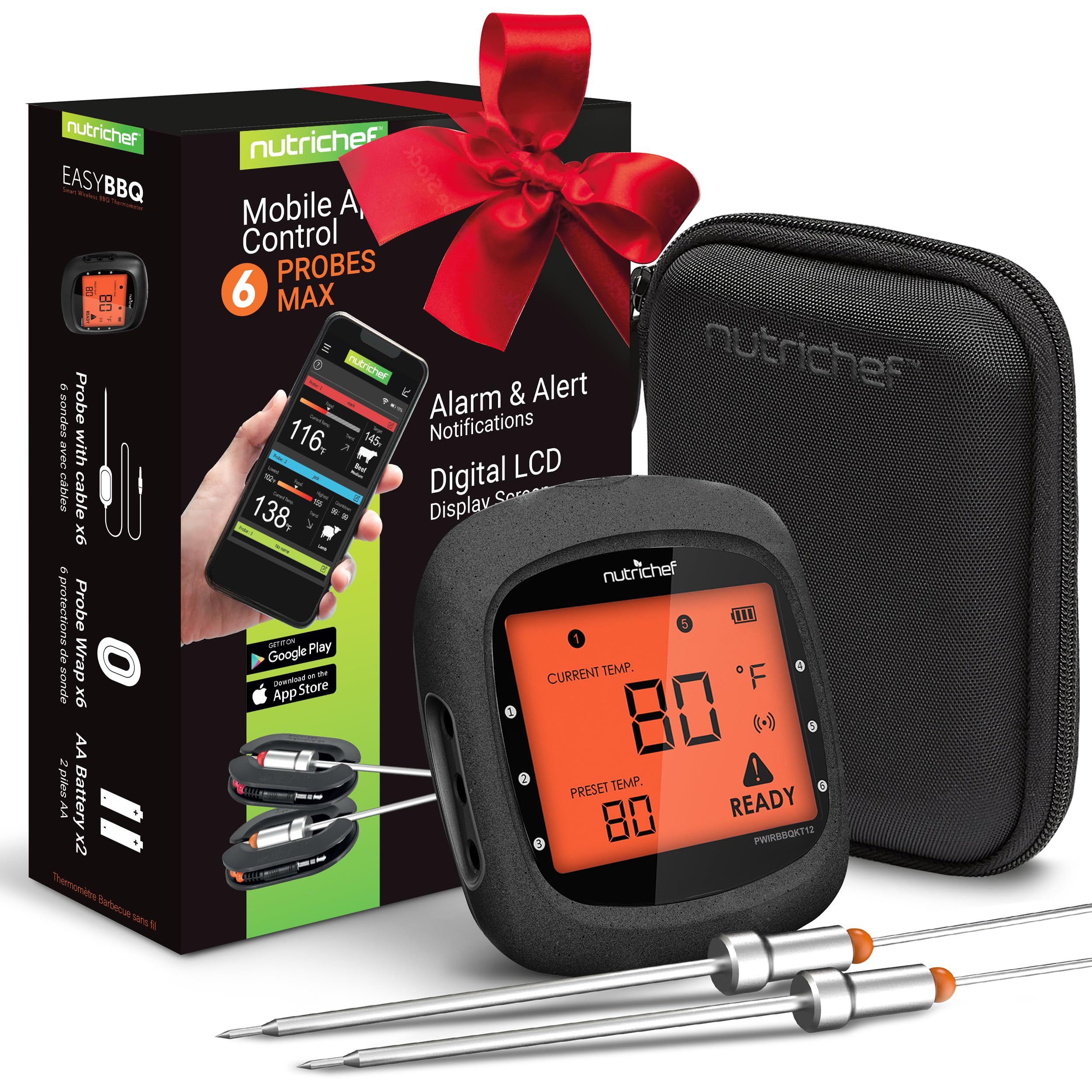 Photo 1 of NutriChef Smart Bluetooth BBQ Thermometer with Travel Zip Case, Upgraded Stainless w/ 2 Temperature Probes, LCD Display, Done Alarm Android iPhone, Gas Charcoal BBQ Smoker Temp Monitoring