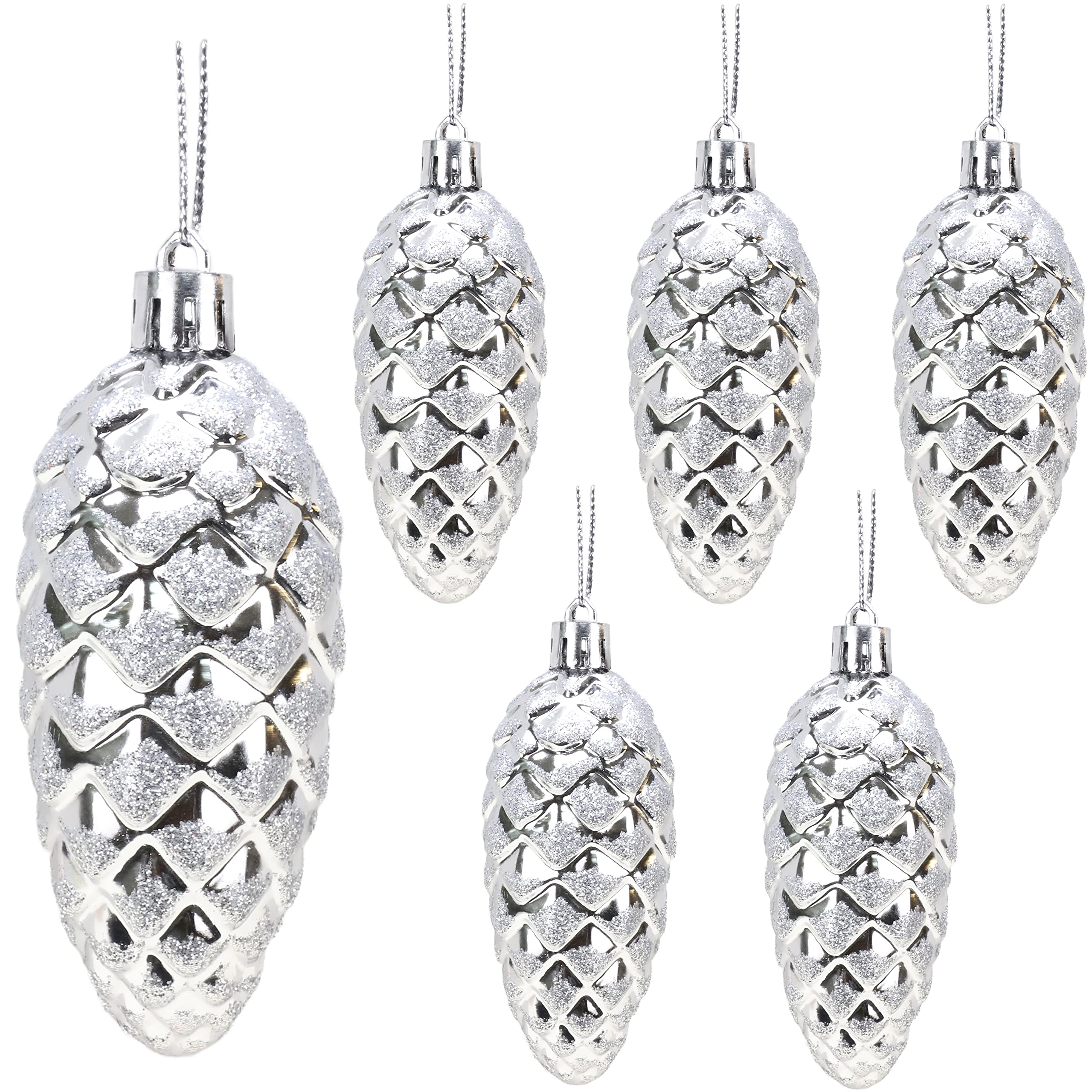 Christmas Concepts® Pack of 6-90mm Pine Cone Baubles – Shiny and Glitter Decorated – Luxury Christmas Decorations (Silver)