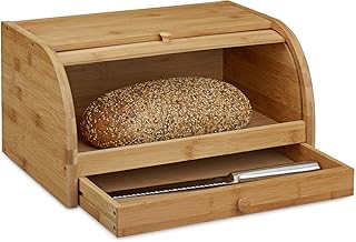 Relaxdays Rollbrotkasten mit Schublade, Bambus, aromadicht, Brotkasten mit Rolldeckel, HxBxT: 21 x 40,5 x 28 cm, Holz, natur